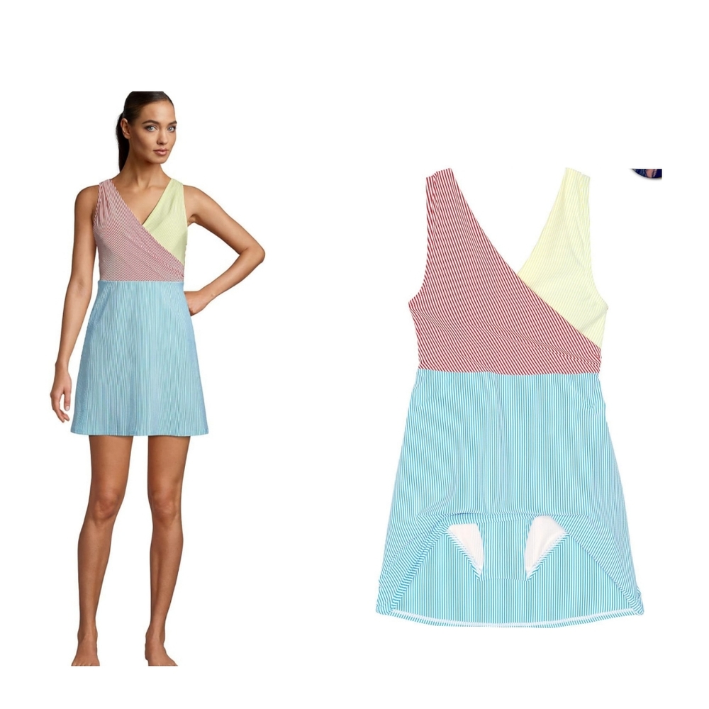 Lands' end striped seersucker chlorine resistant swim dress 12D